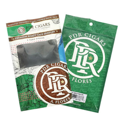 Nachschließbares Folien-Ziplock-Drei-Seiten-Siegel Naturblatt-Zigarrenfolie Feuchtigkeitsspender Kunststoff-Verpackungstasche mit klarem Fenster