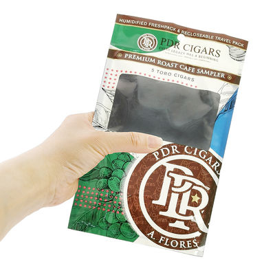 Nachschließbares Folien-Ziplock-Drei-Seiten-Siegel Naturblatt-Zigarrenfolie Feuchtigkeitsspender Kunststoff-Verpackungstasche mit klarem Fenster