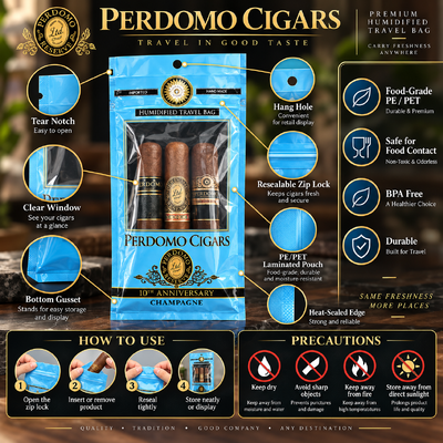 Tear resistant and puncture resistant humidified cigar bags holding 5 to 20 cigars depending on size perfect for maintaining cigar