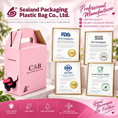 ISO-zertifizierter Bag-in-Box-Kunststoff, rechteckiges Design, geeignet für die Verpackung von Flüssigkeiten in den Lebensmittel-, Getränke- und Chemiesektoren